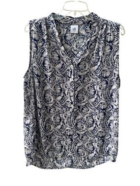 Cabi Women’s Large Plaza Top Blue Ivory Print Sleeveless Button Front 5038
